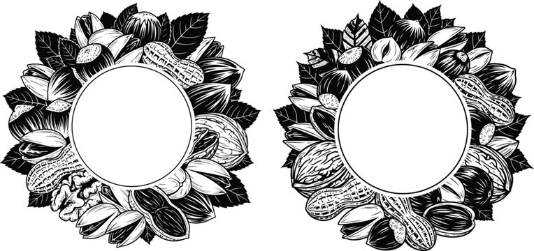 Circular frames composed of assorted healthy nuts and botanical leaves, creating a natural border for labels or text