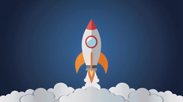 Dynamic illustration of a rocket launching into a dark blue sky, symbolizing business startup, rapid growth, and achieving new heights in a competitive market