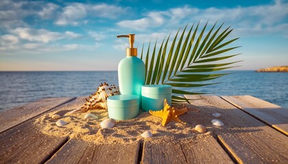 Beautiful turquoise skincare products arranged on sandy beach with seashells and palm leaf, capturing luxurious summer beauty, travel essentials and relaxation.