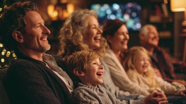 Multi-generational family enjoys cozy home evening. Laughter and smiles create lasting memories, fostering strong connections through shared entertainment