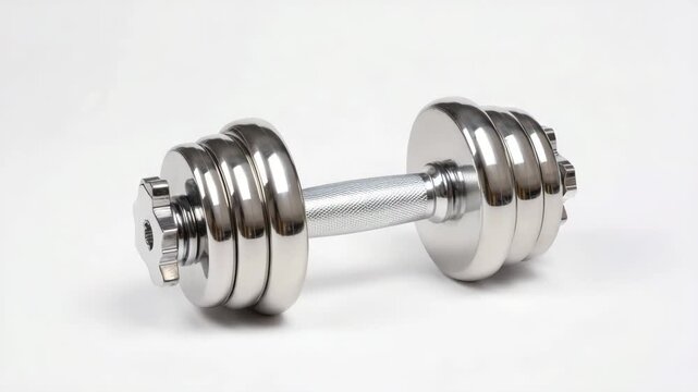 Stainless steel dumbbell with adjustable weights is positioned on a light background showcasing its sleek design and polished finish highlighting fitness equipment details