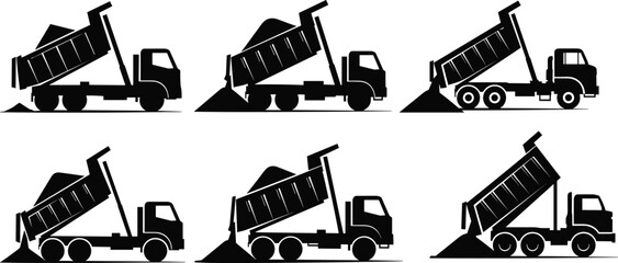 Heavy Duty Dump Truck Hauling and Unloading Dirt Silhouette Set, Construction Vehicle Tipping Sand or Gravel, Industrial Machinery Vector Illustrations for Transportation and Mining. © Motahar