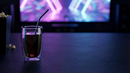 Fototapeta premium Glass of soda with straw on table in cinema with neon blurred background