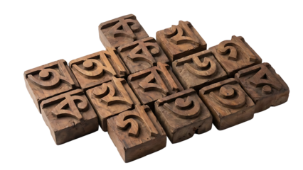 Wooden Carved Bangla Alphabet Blocks on White Background