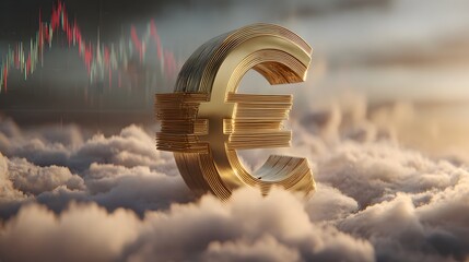 Golden Euro Symbol Above Clouds with Financial Graph