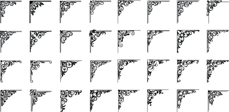 Comprehensive set of decorative corner elements and ornate flourishes for document frames and page borders