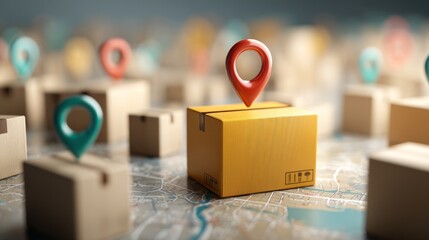 Ecommerce and online business concept with delivery boxes, packages marked with location pins, and digital tracking symbols for efficient shipping, logistics, and global order fulfillment