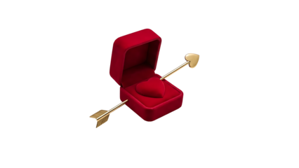 Floating Red Velvet Heart Box with Golden Cupid Arrow on White Background