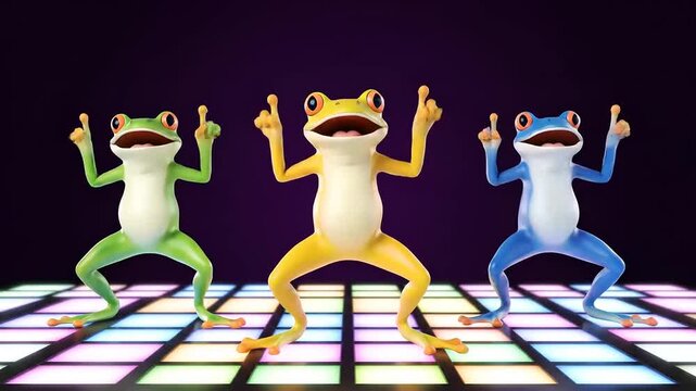 Three animated frogs dancing on a disco floor, with purple background and colorful light-up squares