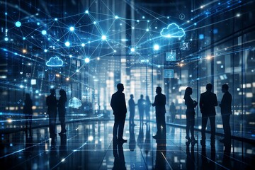 Futuristic Digital Workplace with Cloud Computing, Global Network, and AI Data Flow in Smart Business Environment