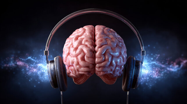 Neuroplasticity concept ,Brain headphone music sound auditory stimulation brainwaves syncing energy focus creative concept