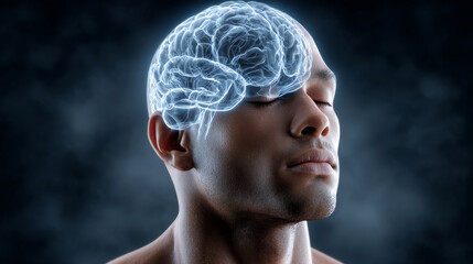 Energy Restoration concept ,Digital brain glowing after meditation session focus, calm, relaxation, mental clarity, peace