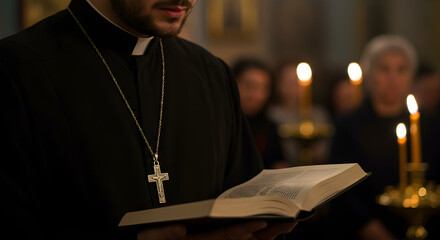 Christian priest in clerical clothing with cross necklace and Bible in temple or church performing sacred easter ritual with candles. portrait of Catholic clergyman. Religious and traditional concept