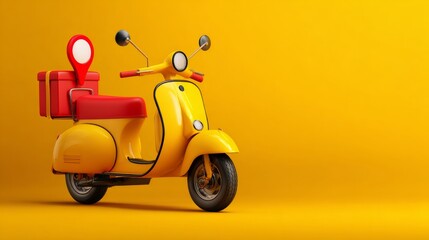 Fast delivery scooter with location pin, colorful yellow and red 3d render representing express courier service, real time order tracking, digital logistics, e commerce delivery, and modern transporta
