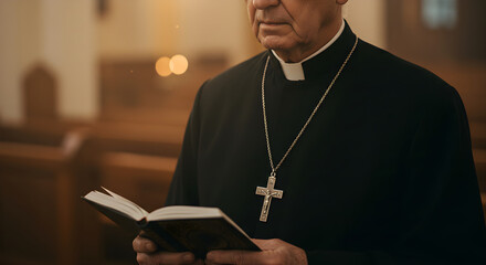 Close up portrait of Catholic clergyman. Christian priest in black clerical clothing with silver cross necklace and Bible book on hands in temple or church. Religious and traditional faith concept