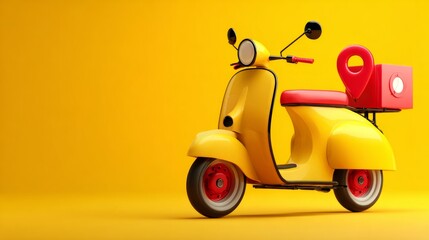 Fast delivery scooter with location pin, colorful yellow and red 3d render representing express courier service, real time order tracking, digital logistics, e commerce delivery, and modern transporta