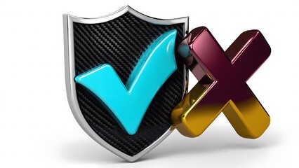 A 3D rendering of a shield with a checkmark and an X symbol, symbolizing security and protection.
