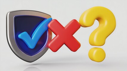 A 3D render showcasing a shield with a checkmark, a cross, and a question mark on a white background.