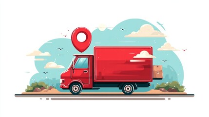 sflat style illustration of a delivery truck with a red location pin, symbolizing fast shipping, logistics, and modern e-commerce delivery on a clean digital background