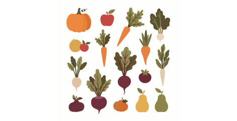 Abstract doodle organic fruits and vegetables harvest vector set