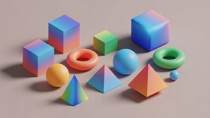 A 3D construction of a colorful pyramid built from plastic toy cubes and geometric blocks creates a vibrant childhood game design featuring red, yellow, and green shapes for play