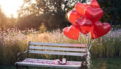 Red heart balloons and a diamond engagement ring on a park bench during golden hour, for romantic gestures, proposals and anniversary celebrations