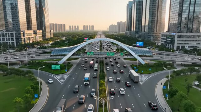 Aerial view of busy city highway