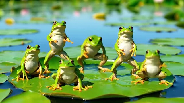 A group of green frogs standing on lily pads in a pond, enjoying a sunny day with a shallow depth of field