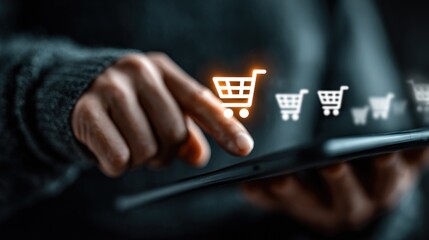 A close-up of a person's hand holding a tablet with their index finger touching a glowing shopping cart icon, surrounded by four smaller white icons