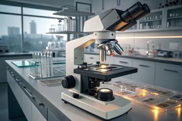 Modern Microscope on Laboratory Bench with Slides