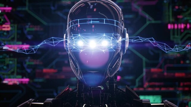 Cinematic 4K video of a humanoid robot surreal digital mindscape, opening glowing eyes streams light holographic data swirl head body, neural network patterns air, ethereal particles, volumetric neon