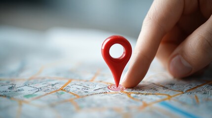 Hand pointing at a map with glowing gps signal and red location marker, highlighting a specific address and navigation route, concept of location, mapping, travel, and geolocation tracking