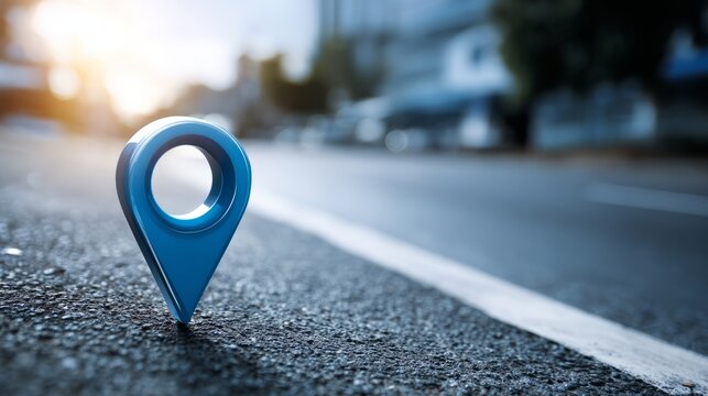 Blue map location pin icon showing navigation route, gps direction marker for travel guidance, destination positioning and digital mapping conce - Powered by Adobe