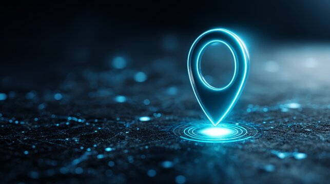Illuminated blue digital map pin hovering above surface on minimalist background, representing modern navigation technology, geolocation services, gps tracking, location search, digital mapping, and s