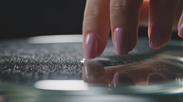 Closeup of hands with pink nails on reflective surface