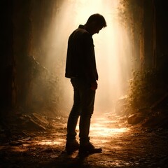 A man is standing in a forest with smoke in the background
