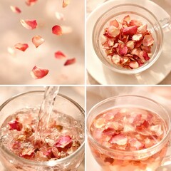 A close up of a glass of water with rose petals floating in it