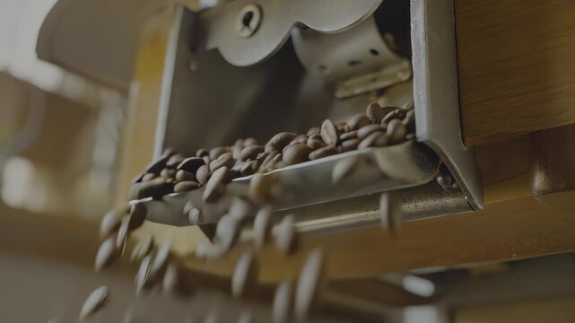 Coffee beans cascade from a vintage grinder, showcasing the continuous flow of freshly ground coffee, emphasizing the rich texture and aroma of the brewing process