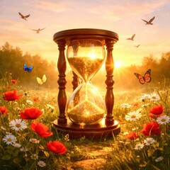 A timepiece with a golden sand timer sits in a field of flowers