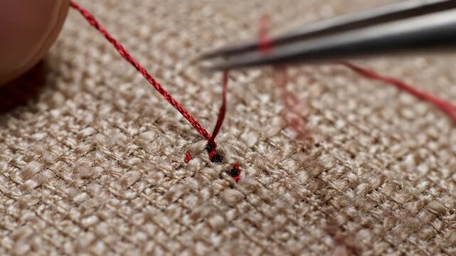 Closeup of needle and thread on fabric
