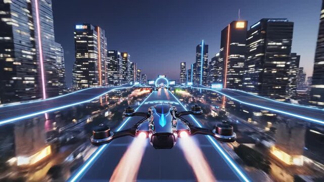 Futuristic racing drones in city