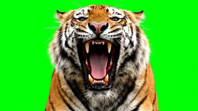 Powerful Roaring Tiger Unleashing Its Ferocious Growl Against a Vivid Green Screen Background, Capturing Raw Wildlife Energy for Dynamic Visual Projects and Content Creation