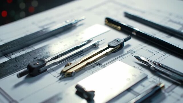 Architectural blueprint with drafting tools, including compasses, rulers, and a pen, showcasing precision.