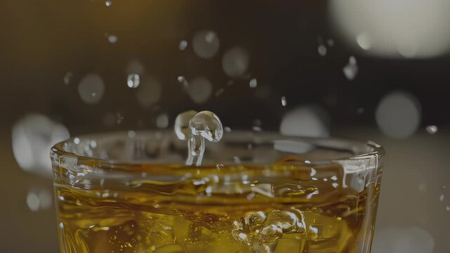 Ice cube drops into a glass of whiskey creating a splash, showcasing the dynamic interaction of liquid and solid, highlighting the refreshing drink experience in motion