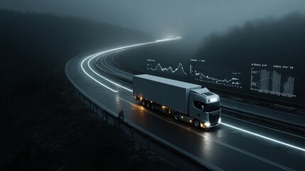 3d visualization of a cargo truck driving on a highway with route tracking, logistics management, and real-time delivery monitoring concept