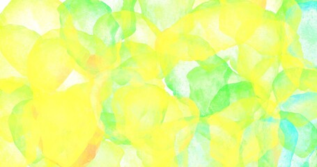 Bright overlapping yellow and green translucent shapes on textured background. Soft abstract composition with watercolor effect. Vibrant cheerful backdrop for spring or summer design