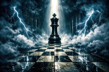 A chessboard with a king in the middle and a lightning bolt above it
