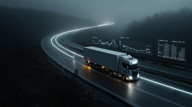 3d visualization of a cargo truck driving on a highway with route tracking, logistics management, and real-time delivery monitoring concept