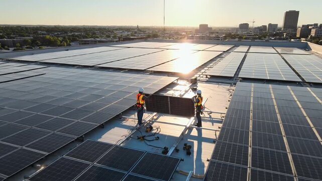 Workers installing solar panels on roof