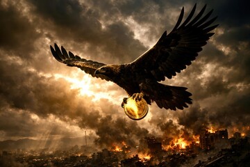 A large eagle is flying through a city with a golden coin in its talons